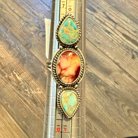 Southwestern Rose Dahlia Turquoise Sea Sediment Jasper Teardrop Statement Ring