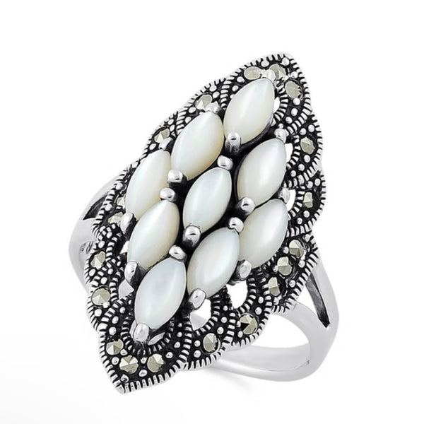 Sterling Silver Mother of Pearl Marquise Marcasite Ring Size 6 New