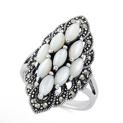 Sterling Silver Mother of Pearl Marquise Marcasite Ring Size 6 New