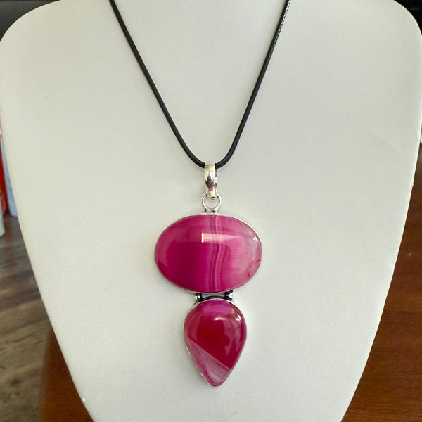 Pink Botswana Banded Agate Silver Long Necklace Boho Oval & Teardrop Pendant New