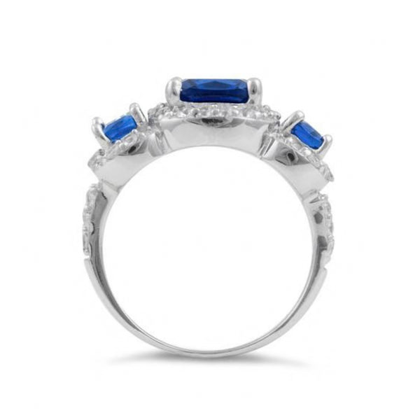 Stunning Sterling Silver Blue Sapphire Three Stone Halo CZ Ring Size 6 New