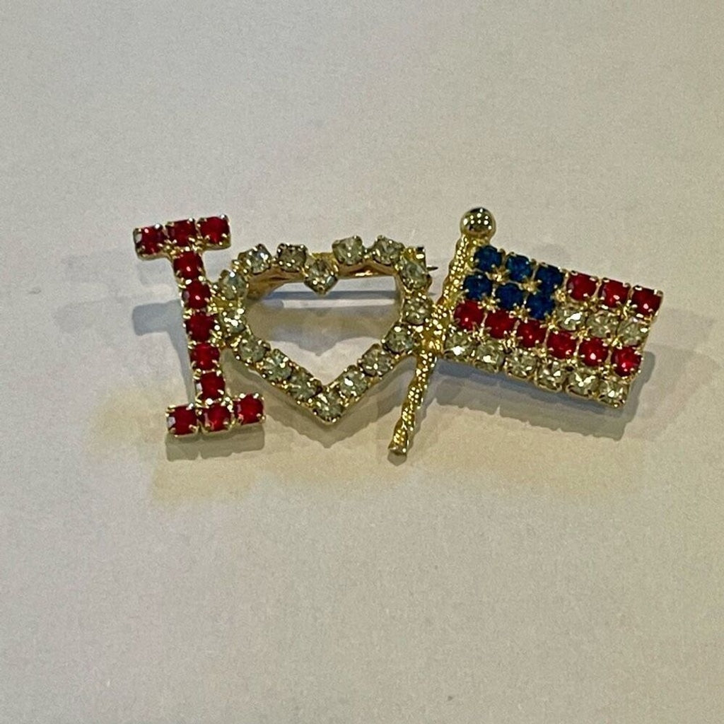 Vintage Patriotic Crystal Brooch I Love USA Rhinestone Pin