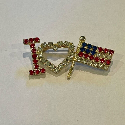 Vintage Patriotic Crystal Brooch I Love USA Rhinestone Pin