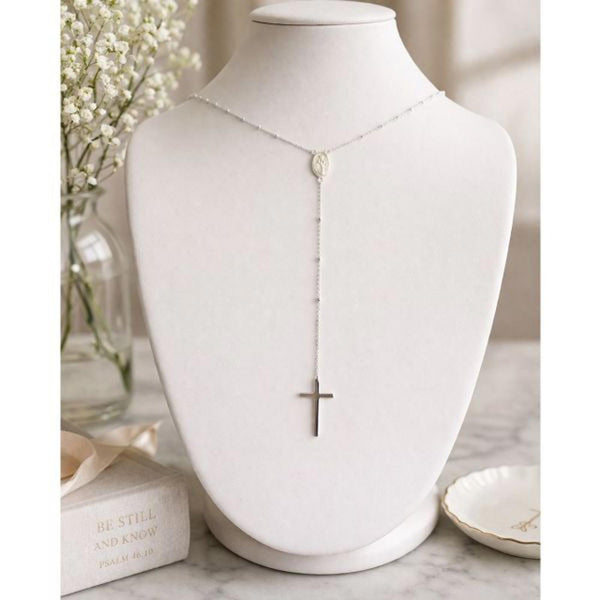 Sterling Silver Rosary Necklace Lariat Style Miraculous Medal & Cross Pendant