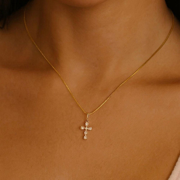 Solid 14k Yellow Gold Cross Pendant Necklace CZ Stones Small Dainty Chain New