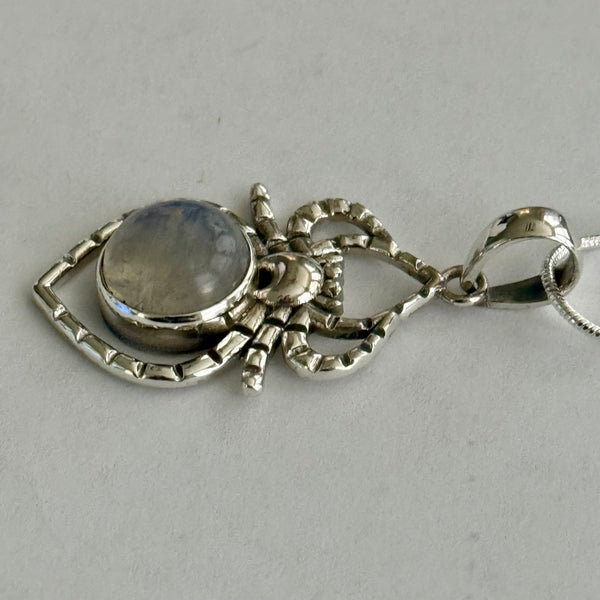 Round Rainbow Moonstone Spider Necklace Pendant Sterling Silver Southwestern