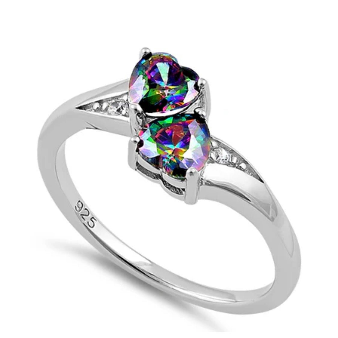 Sterling Silver Double Heart Rainbow Topaz CZ Ring