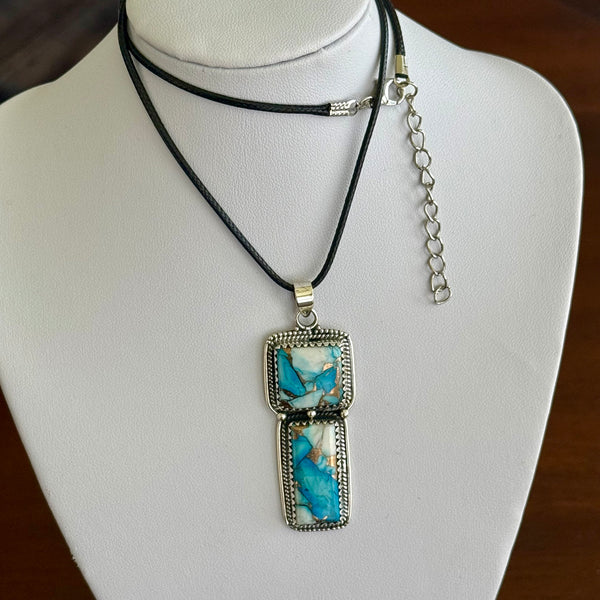 Southwestern Ice Blue Dahlia Turquoise Double  Necklace Pendant Sterling Silver