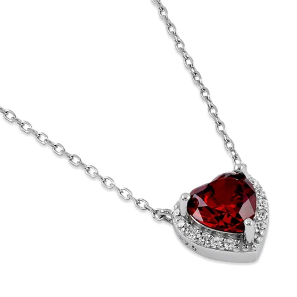 Sterling Silver Dark Garnet Heart Halo Necklace New