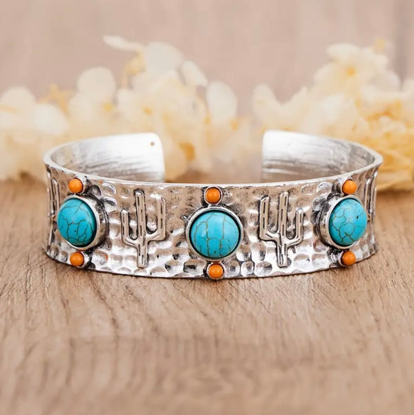 Desert Cactus Silver Bracelet Womens Casual Western Cuff New