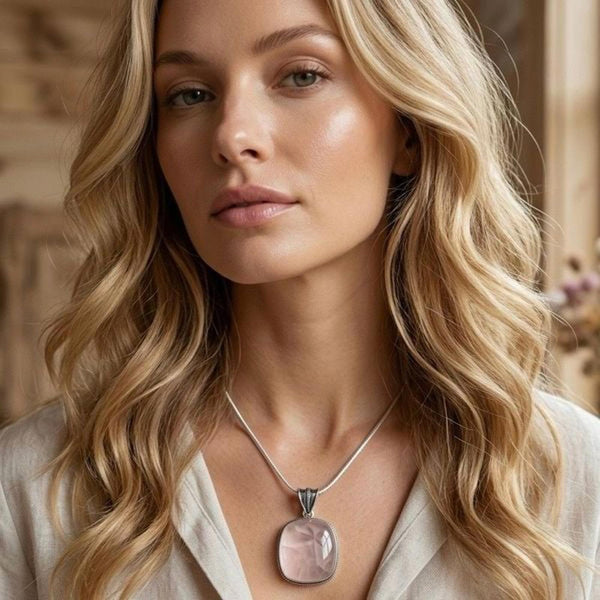 Natural Rose Quartz Pendant Necklace Silver Filigree Setting Gemstone Jewelry