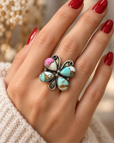 Silver Cotton Candy Turquoise Butterfly Statement Ring Southwestern Size 6 New