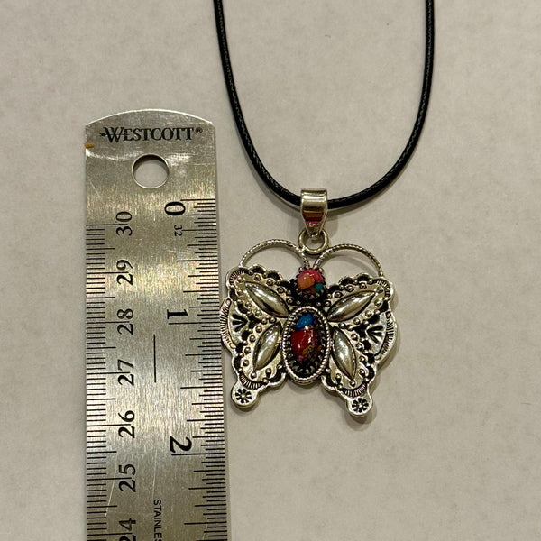 Pink Dahlia Turquoise Butterfly Southwestern Necklace Pendant Sterling Silver