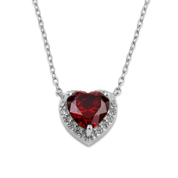 Sterling Silver Dark Garnet Heart Halo Necklace New