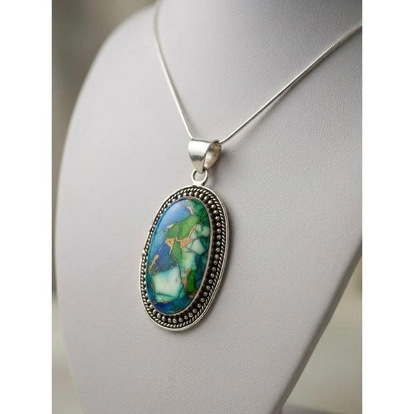 Southwestern Sterling Silver Peacock Dahlia Turquoise Oval Pendant Necklace New