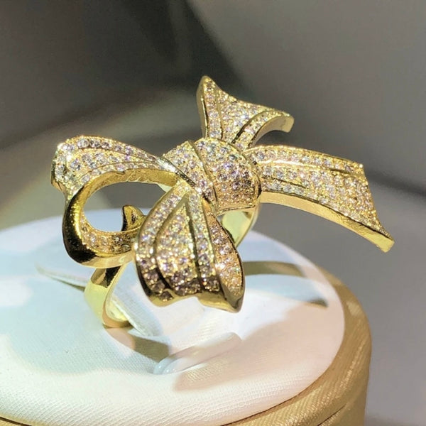 Rhinestone Bow Ring Womens Gold Plated Sterling Silver Statement Jewelry