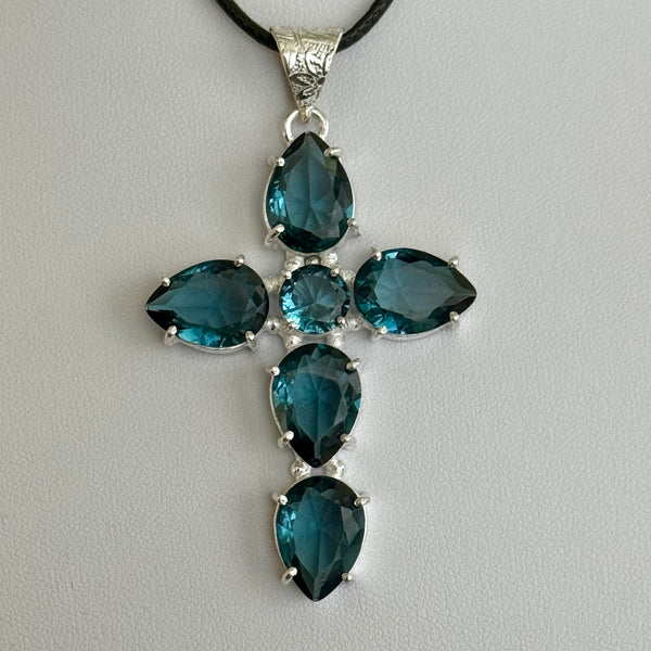 London Blue Topaz CZ Cross Necklace Pendant Large Faceted Teardrop New