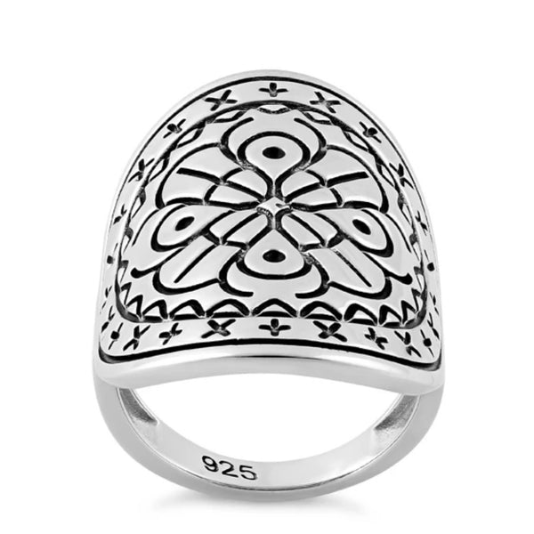 Solid Sterling Silver Bohemian Floral Dome Shield Ring Size 7 New