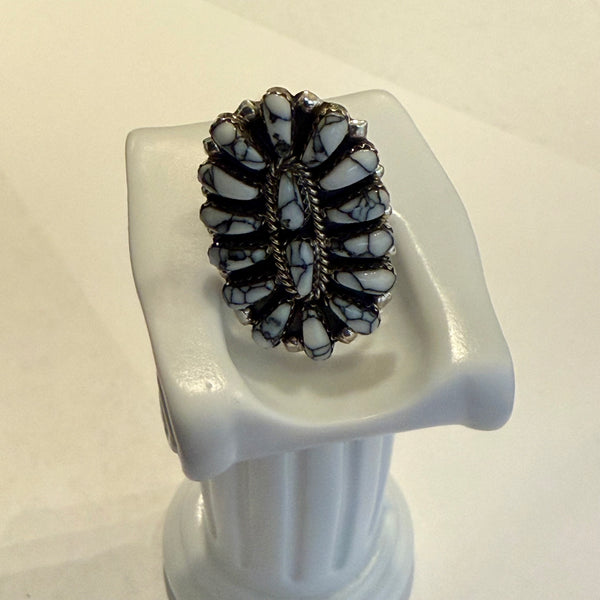 Native American Genuine White Buffalo Turquoise Cluster Ring Navajo Handmade