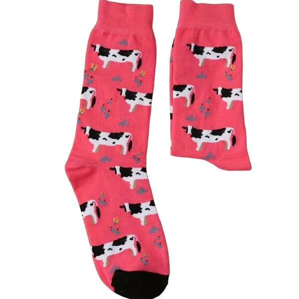 Womens Western Farm Barbie Pink Funny Graphics Cow Print Crew Socks