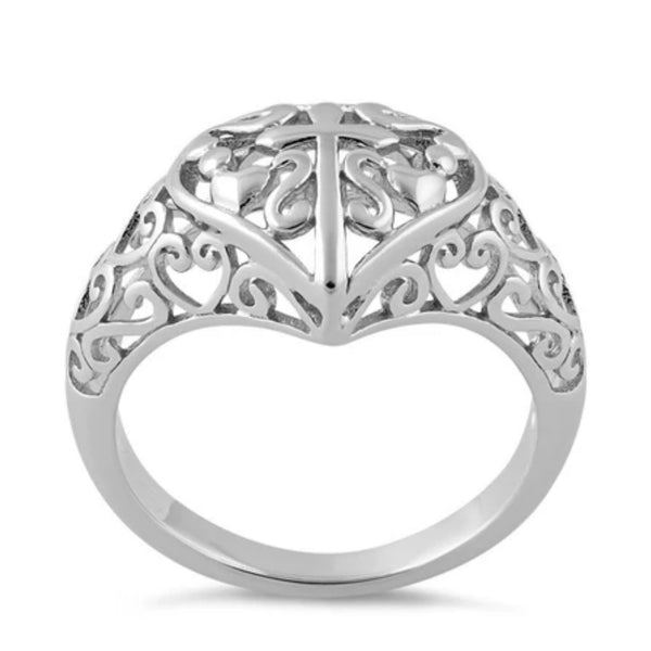 Sterling Silver Cross and Multiple Hearts Ring New