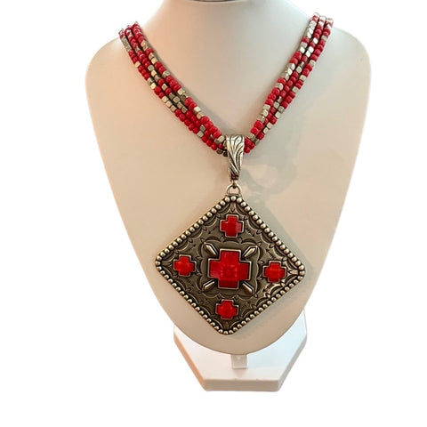 Vintage Southwestern Cross Enhancer Pendant Red & Silver Stone Beaded Necklace