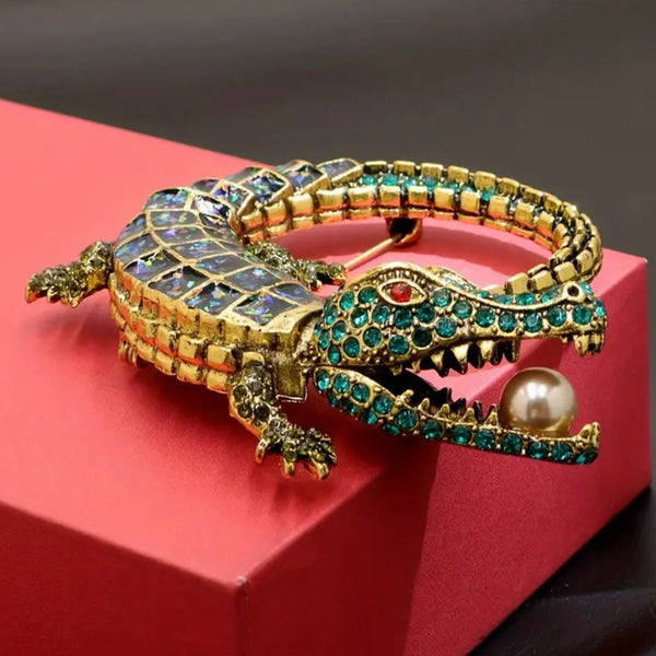Stunning Chic Rhinestone Crocodile Large Brooch Boho Pin Bold Dazzling New