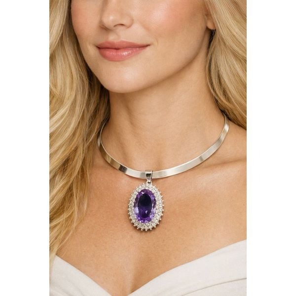 Silver Choker Torque Necklace Amethyst Crystal Pendant