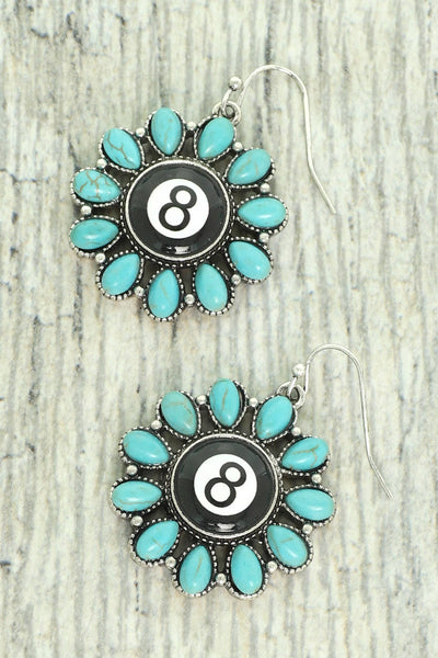 Western Turquoise Billiard 8 Ball Concho Dangle Earrings