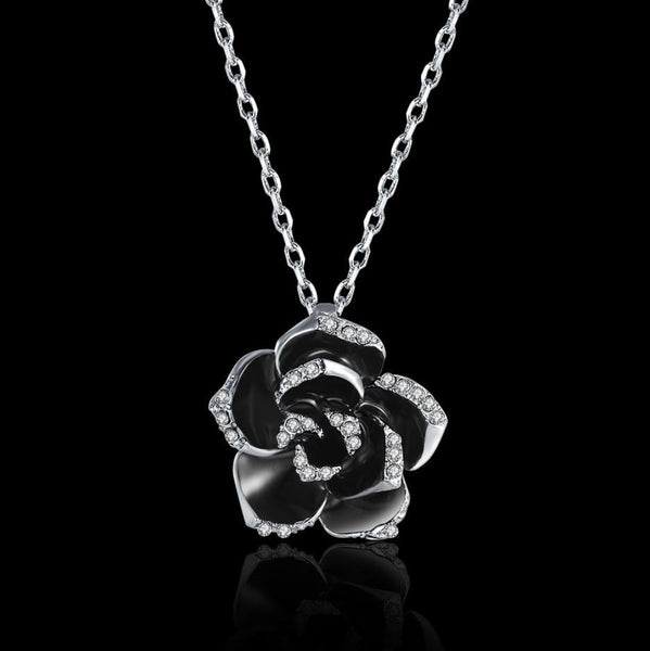 Sterling Silver Black Flower Enamel Drip Rhinestone Necklace Womens New