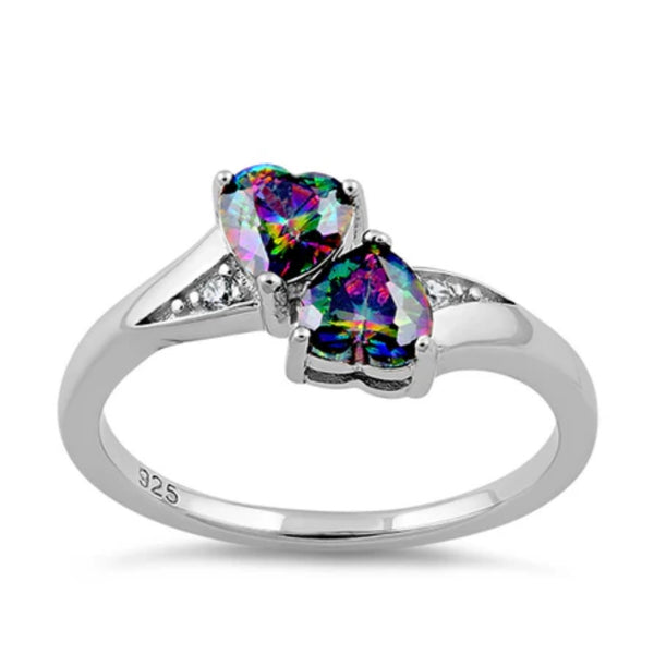 Sterling Silver Double Heart Rainbow Topaz CZ Ring