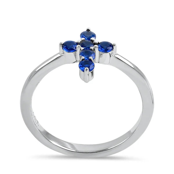 Sterling Silver Cross Blue Sapphire CZ Ring Size 6 New