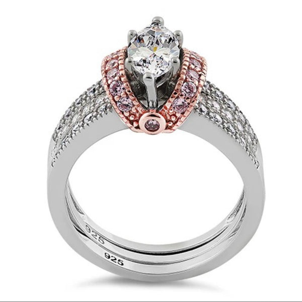 Sterling Silver Two-Tone Rose Gold Clear Marquise CZ Set Ring Size 6 New