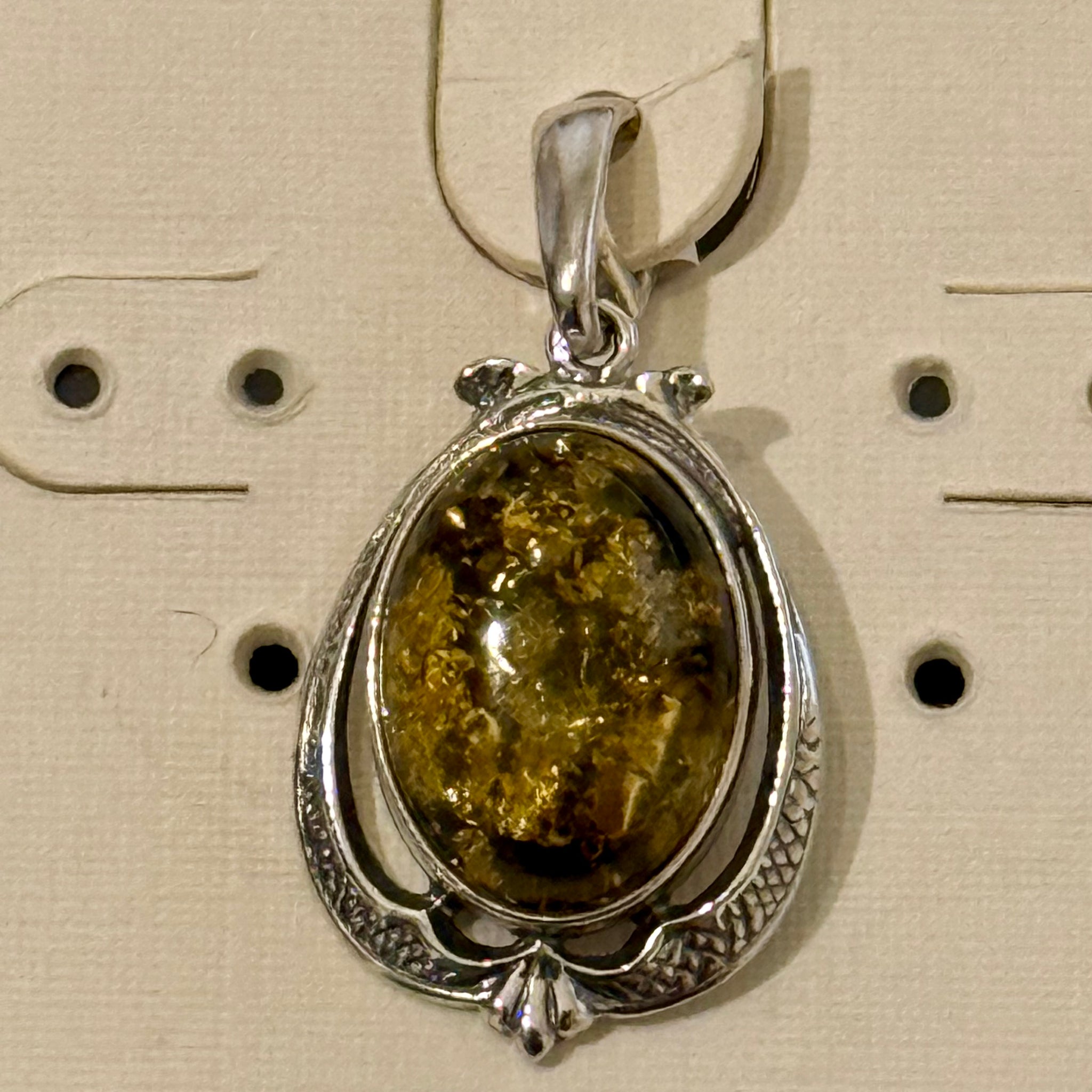 Natural Green Baltic Amber Oval Framed Pendant Necklace Sterling Silver New