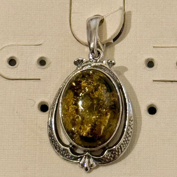 Natural Green Baltic Amber Oval Framed Pendant Necklace Sterling Silver New