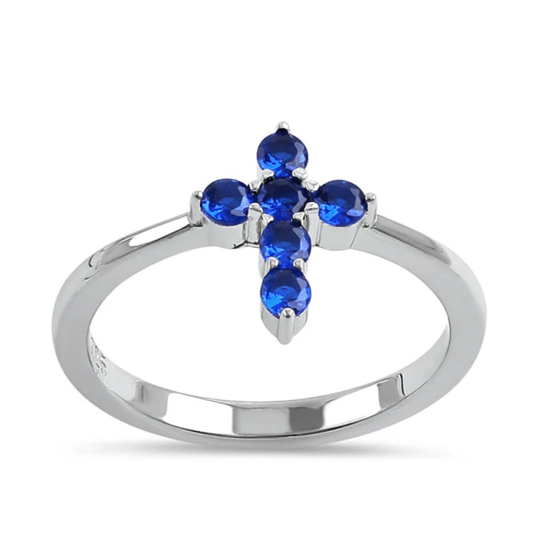 Sterling Silver Cross Blue Sapphire CZ Ring Size 6 New