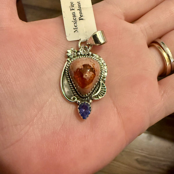 Southwestern Mexican Fire Opal Tanzanite Pendant Necklace Sterling Silver New
