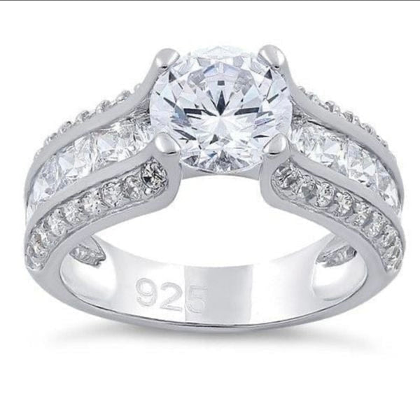 Sterling Silver Round & Princess Cut Clear CZ Ring Womens Wedding Jewelry