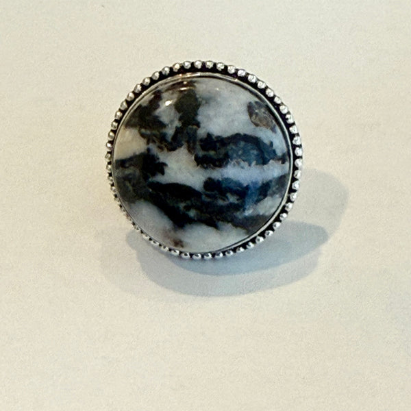 Stunning Natural Round White Buffalo Ring Southwestern Sterling Silver Statement