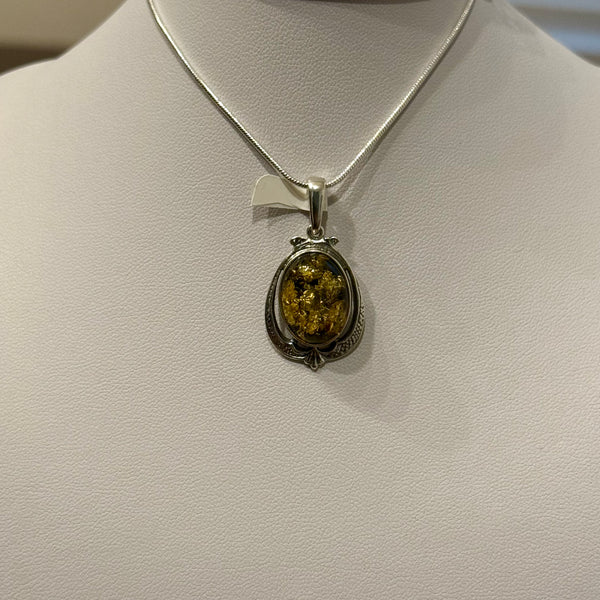 Natural Green Baltic Amber Oval Framed Pendant Necklace Sterling Silver New