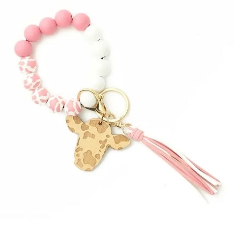 New Cute Western Cow Head Wood Round Beaded Pink Keychain With Leather Tassels