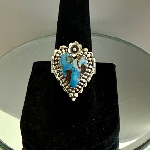 Southwestern Golden Hills Turquoise Sterling Silver Ring Heart Floral Framed