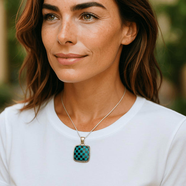 Southwest Kingman Turquoise & Onyx Heart Checkerboard Sterling Silver Necklace