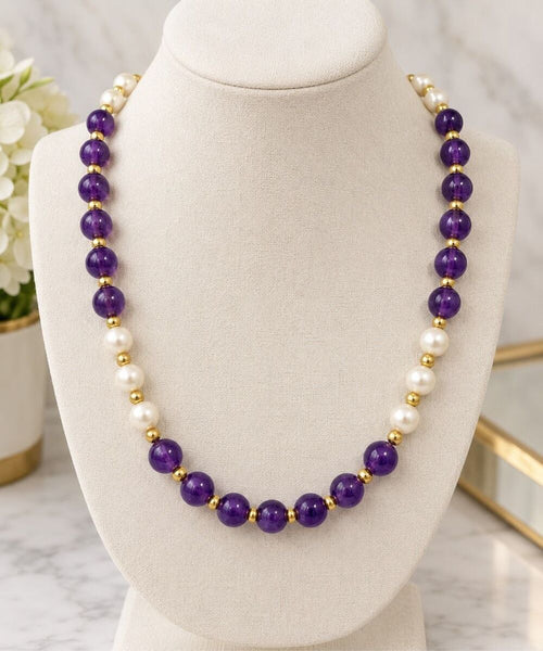 7-8mm Amethyst Pearl Beaded Artisan Necklace 18” Natural Gemstone Jewelry