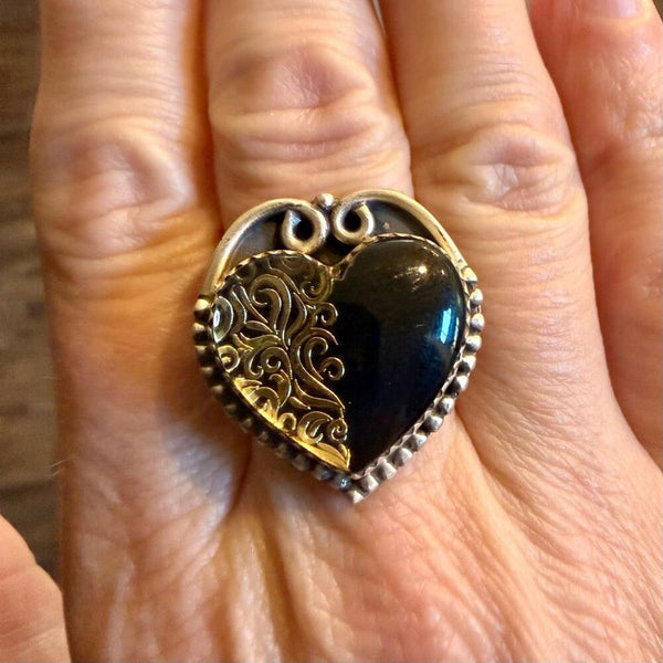 Southwestern Onyx Heart Ring Adjustable Boho Sterling Style