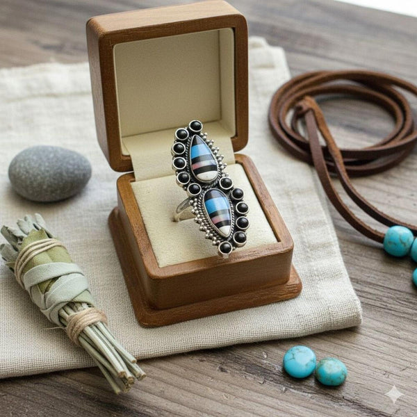 Southwestern Aurora Opal & Onyx Sterling Silver Adj Ring