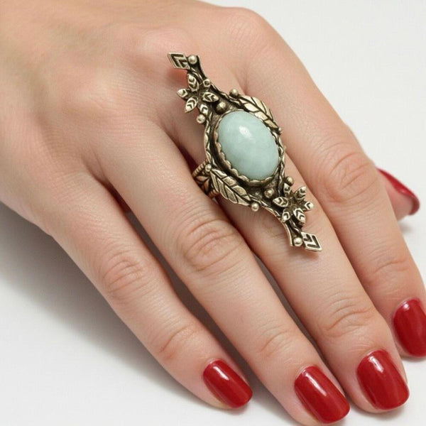 Vintage Style Larimar Sterling Silver Statement Ring m Filigree Leaf Design Sz 7