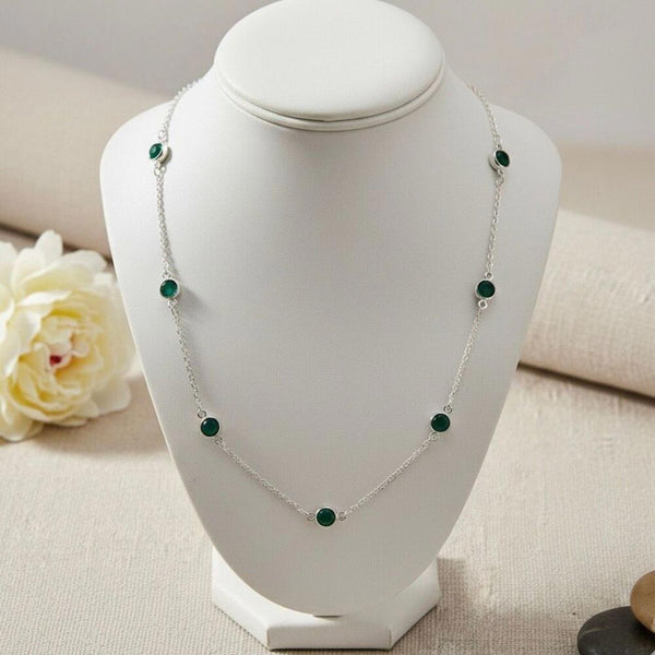 Dainty Green Glass Bead Station Necklace - Adjustable Length - Minimalist Style