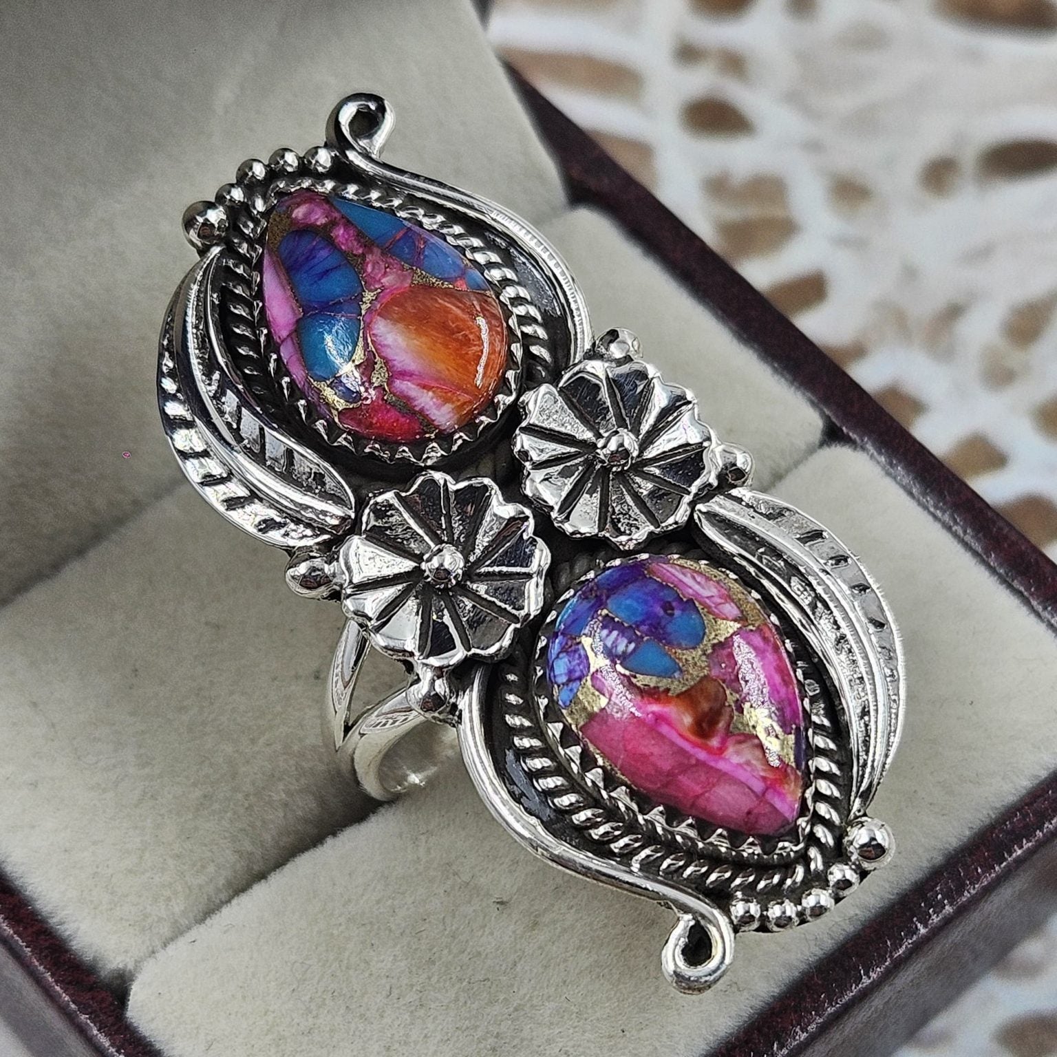 Pink Dahlia Copper Turquoise Statement Ring Southwestern Double Stone Floral New