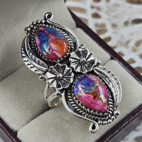Pink Dahlia Copper Turquoise Statement Ring Southwestern Double Stone Floral New